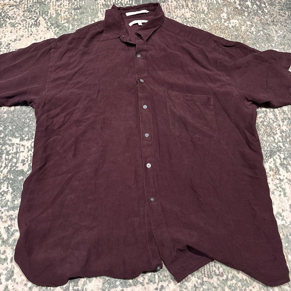 vintage 100% silk Perry Ellis shirt XL Burgundy Single Stitch